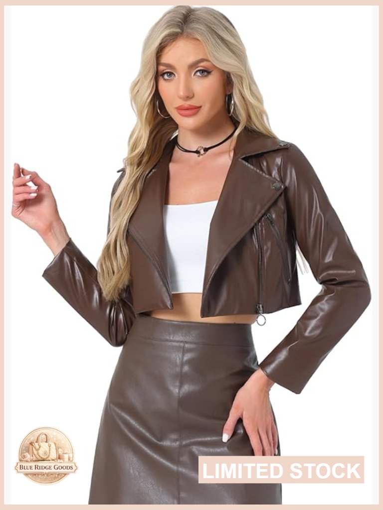 Faux Leather Moto Cropped Jacket Zipper Up Long Sleeve Notched Collar Chic
